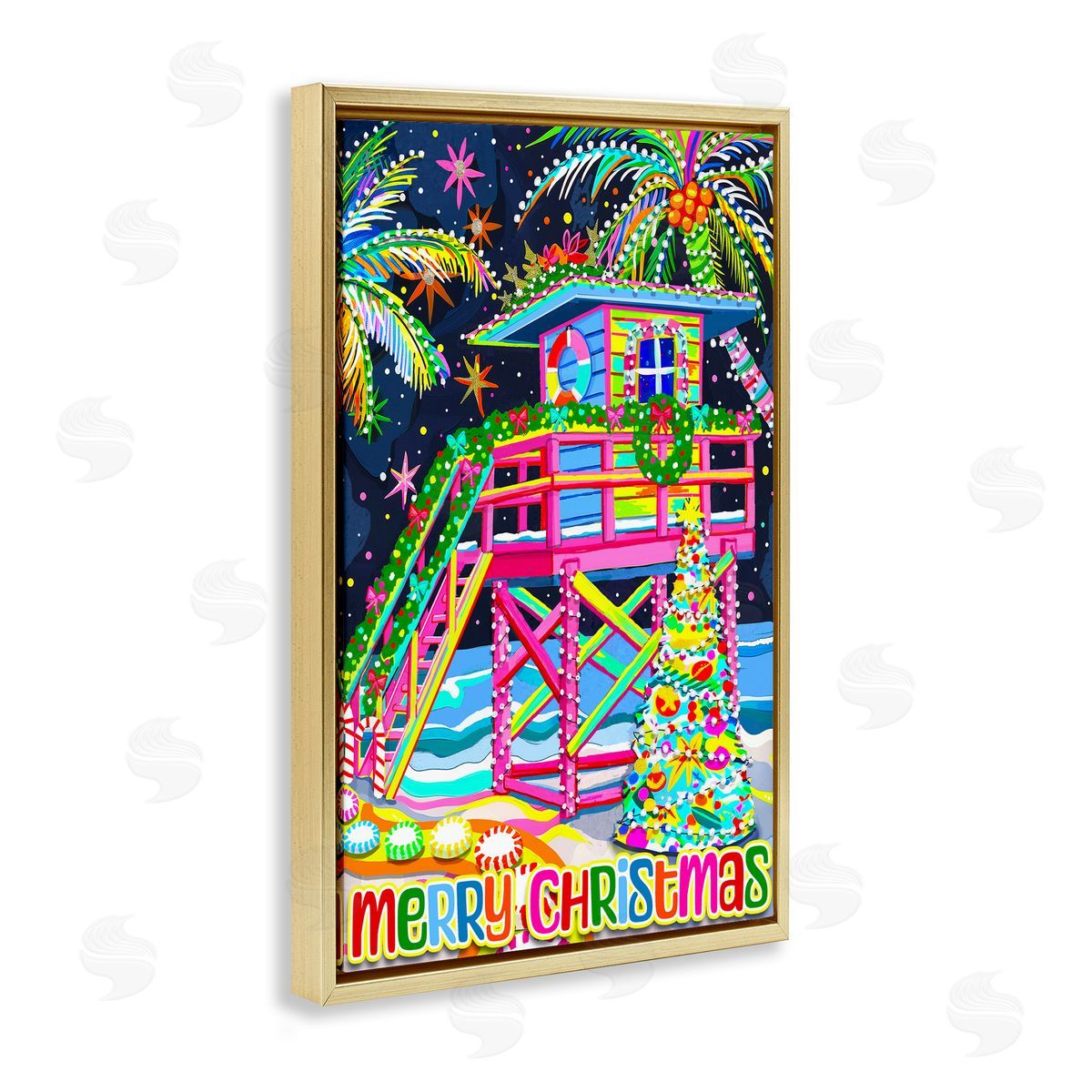 Whimsical Seaside Christmas Gold Floating Frame Canvas Wall Art, Home Decor by Jess Stempel