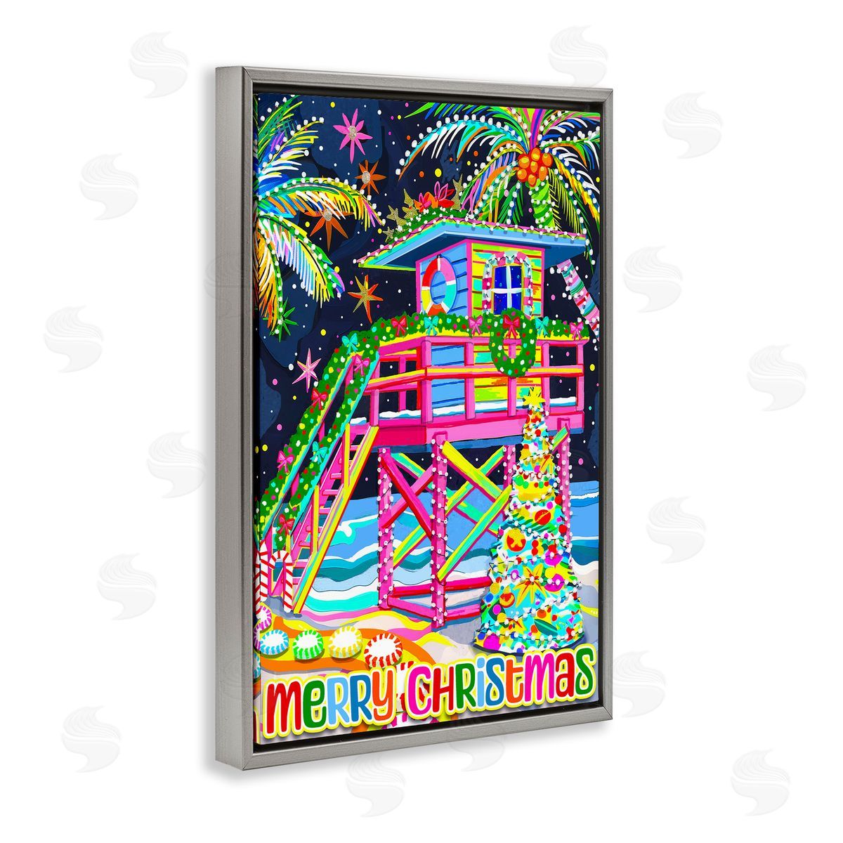 Whimsical Seaside Christmas Grey Floating Frame Canvas Wall Art, Home Decor by Jess Stempel