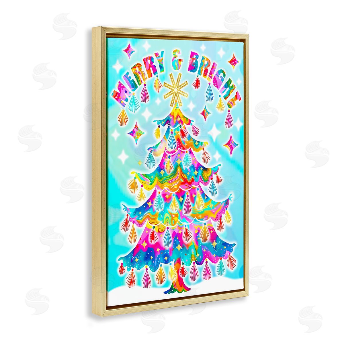 Eclectic Merry & Bright Gold Floating Frame Canvas Wall Art, Home Decor by Jess Stempel