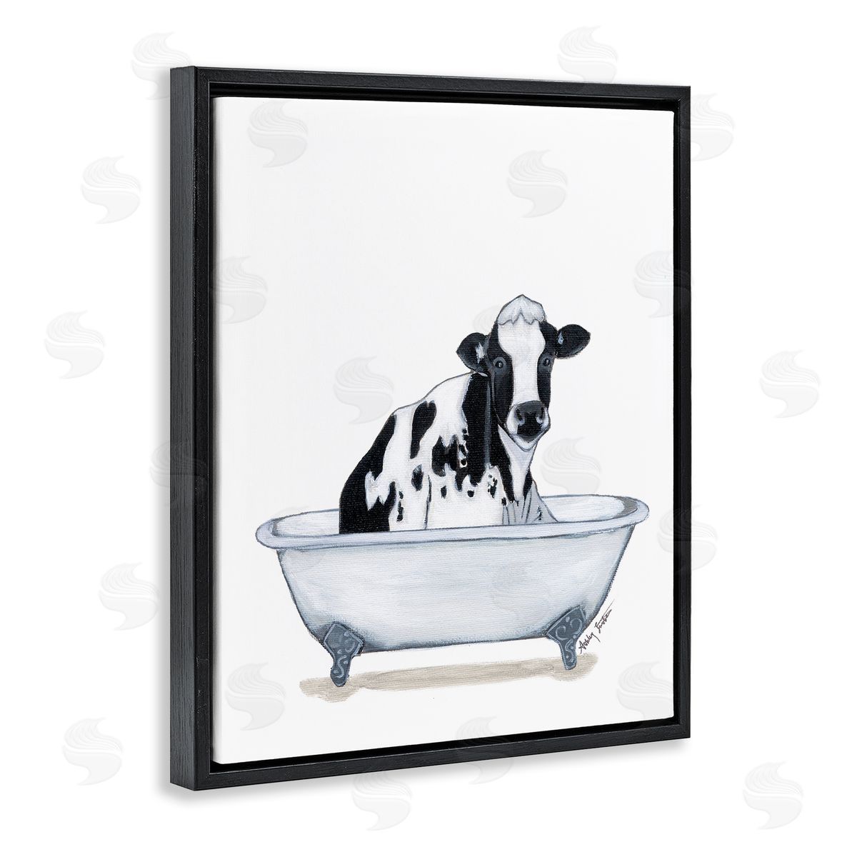 Cow in Tub Sketch Black Floating Frame Canvas Wall Art, Home Decor by Ashley Justice