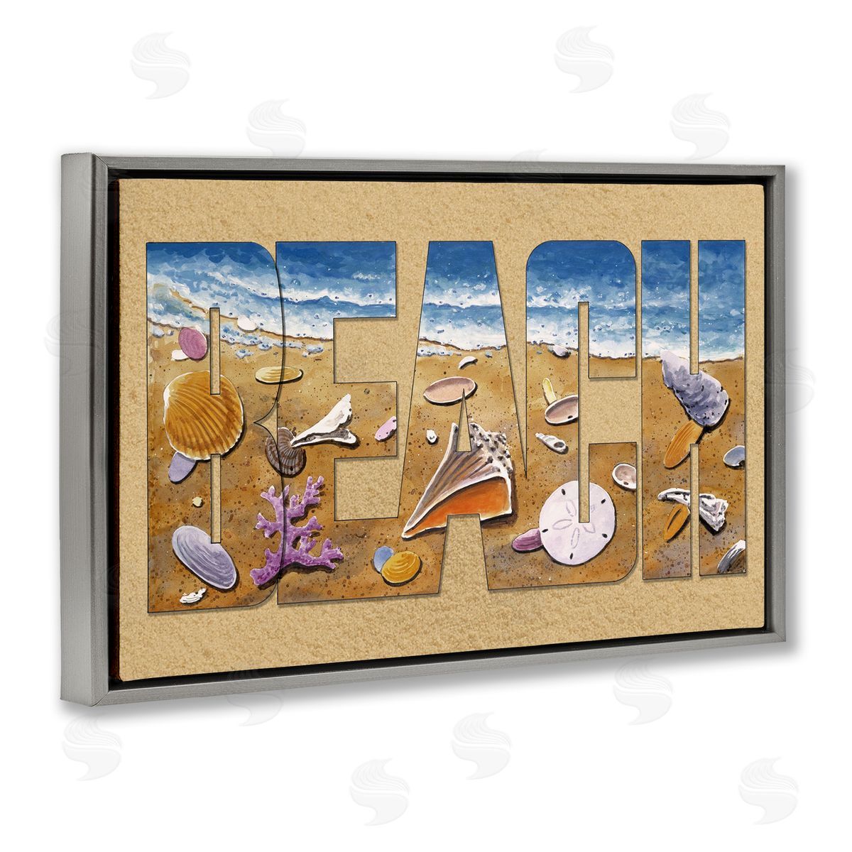 Outlined Beach Letters Grey Floating Frame Canvas Wall Art, Home Decor by Art Brands Holdings, LLC