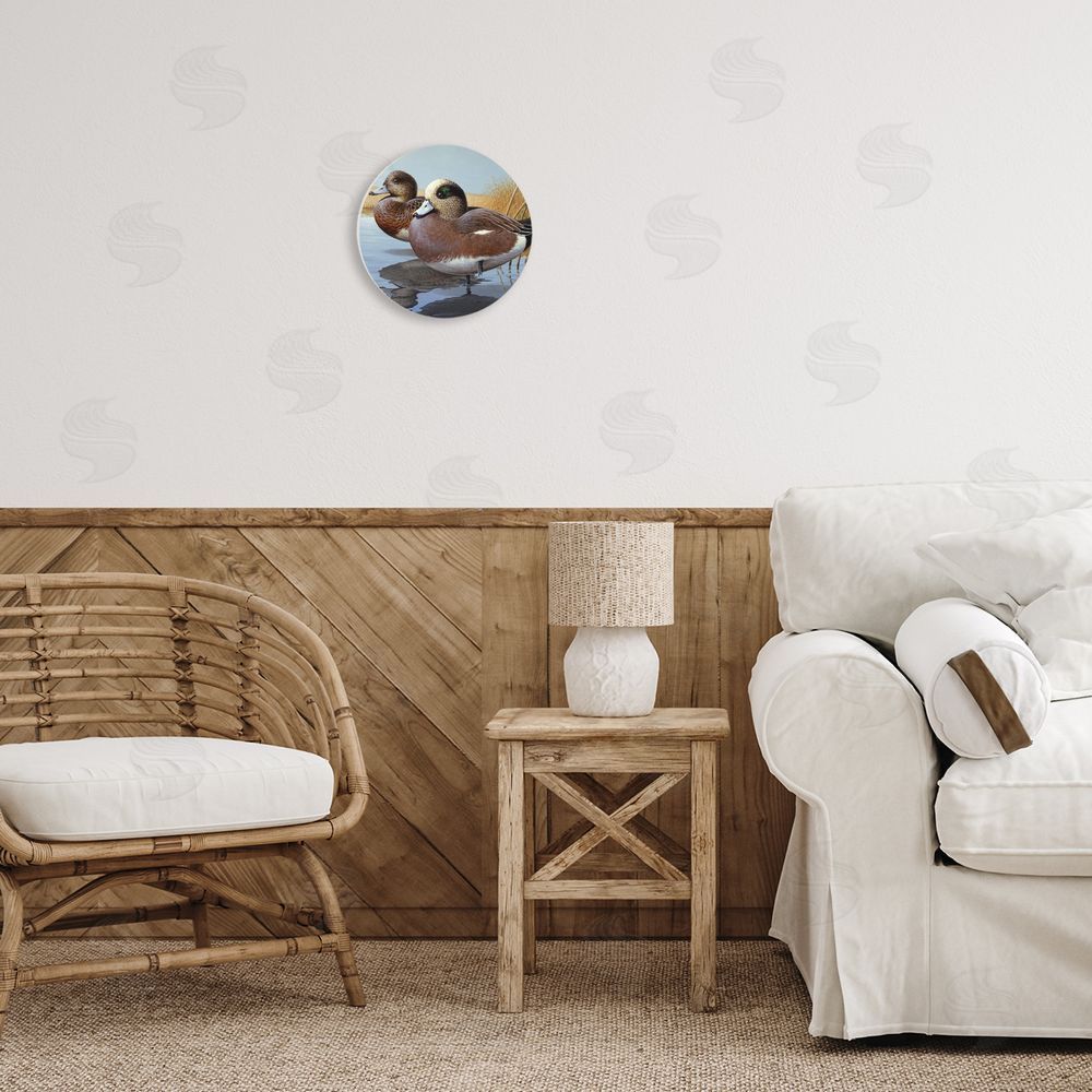 Rod Lawrence American Wigeons on Shore Round Wall Plaque Art Print in Room