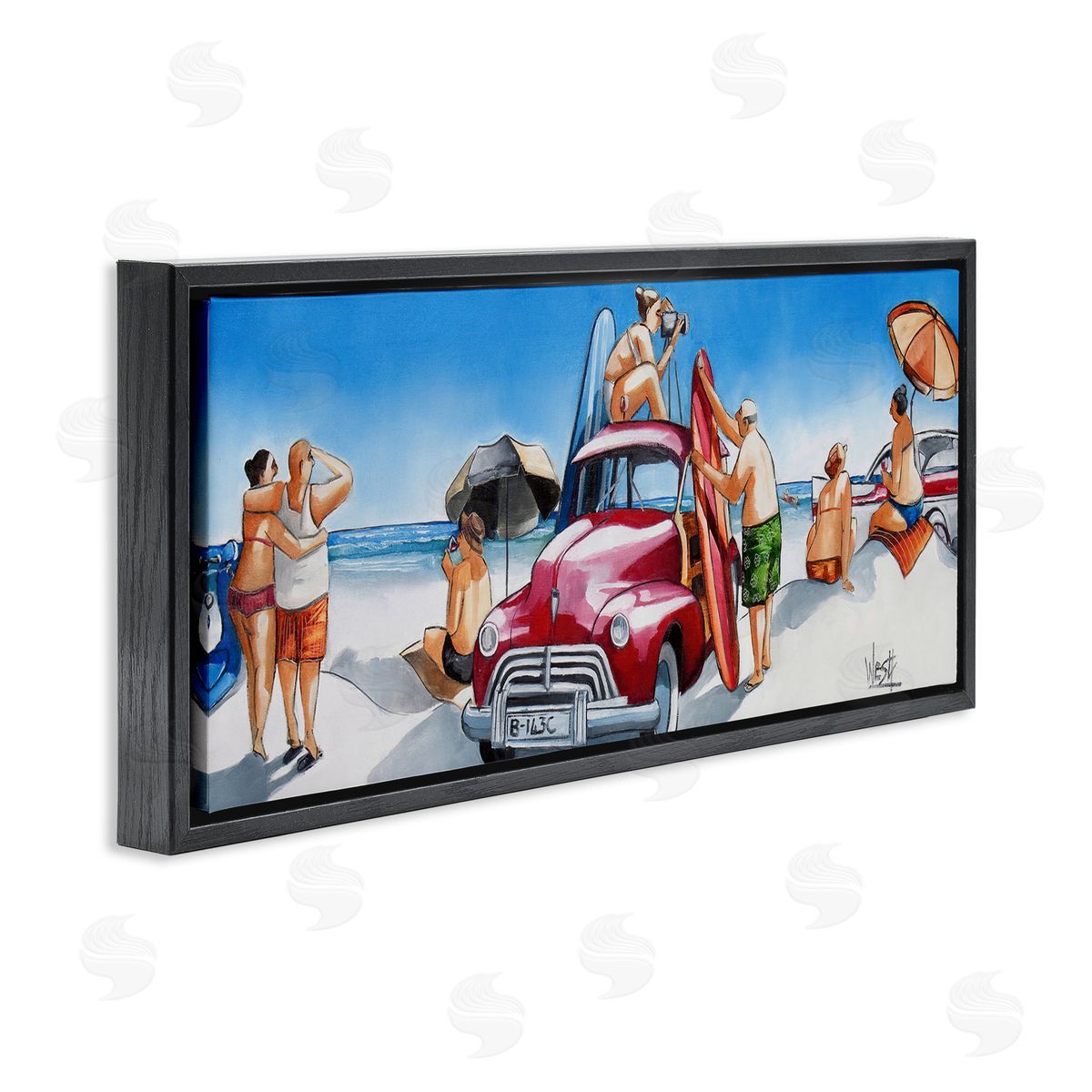Group Of Beachgoers Black Floating Frame Canvas Wall Art, Home Decor by Ronald West