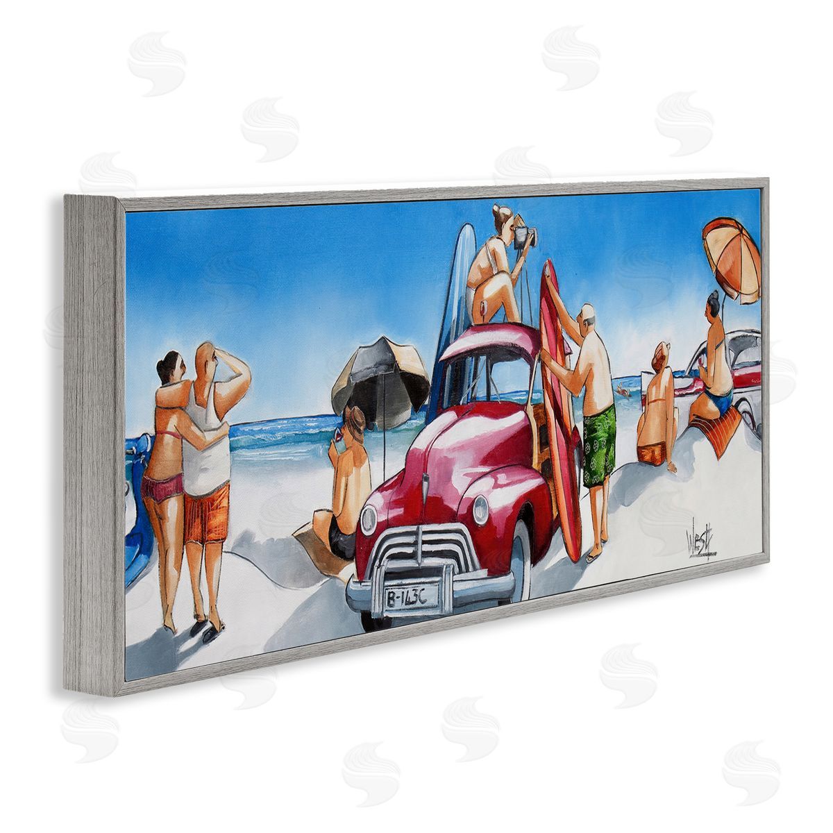 Group Of Beachgoers Grey Frame Print Wall Art, Home Decor by Ronald West