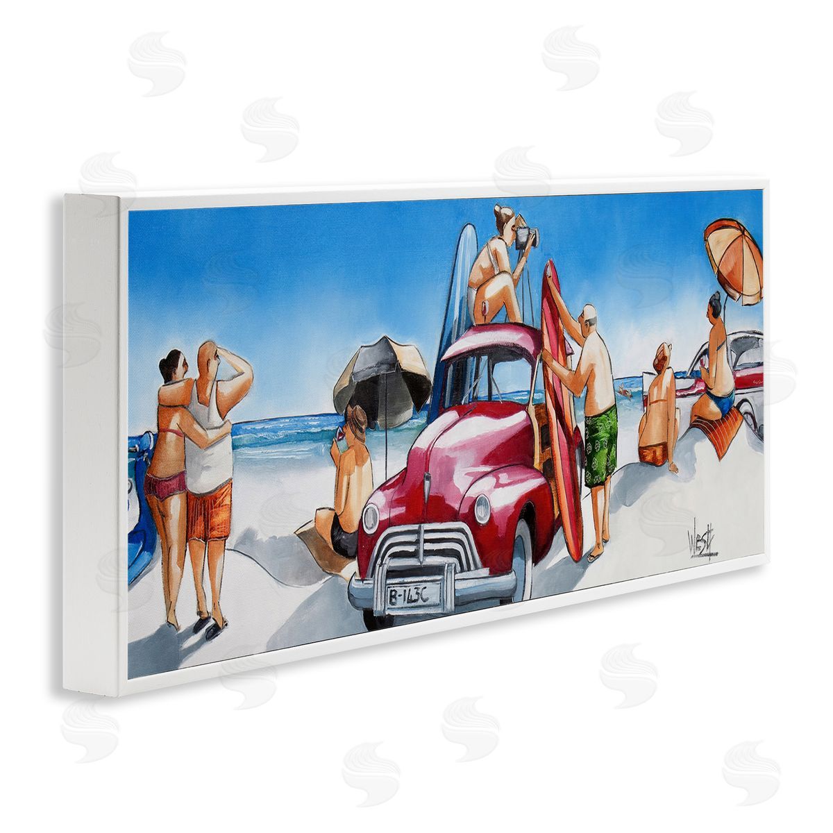 Group Of Beachgoers White Frame Print Wall Art, Home Decor by Ronald West