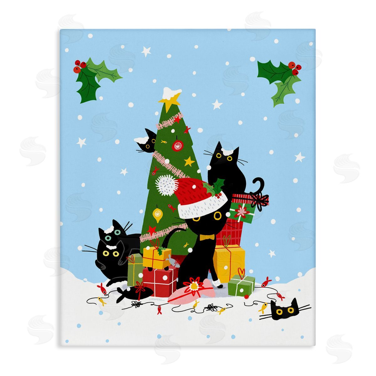 Silly Cats in Christmas Tree Canvas Wall Art, Home Decor by Leeza Hernandez