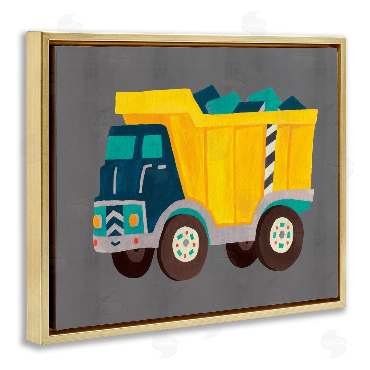 Yellow Dump Truck Gold Floating Frame Canvas Wall Art, Home Decor by Irene Chan