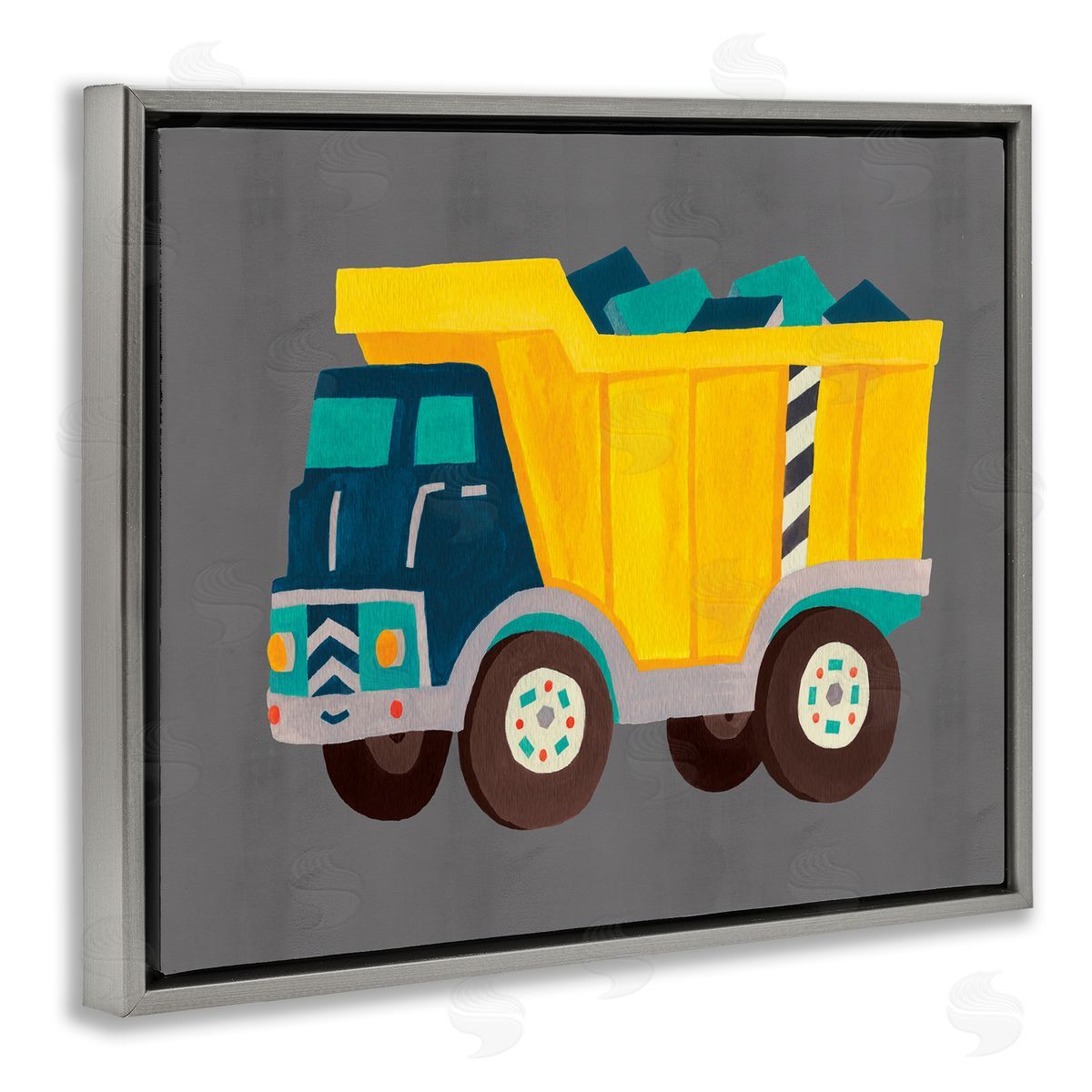 Yellow Dump Truck Grey Floating Frame Canvas Wall Art, Home Decor by Irene Chan