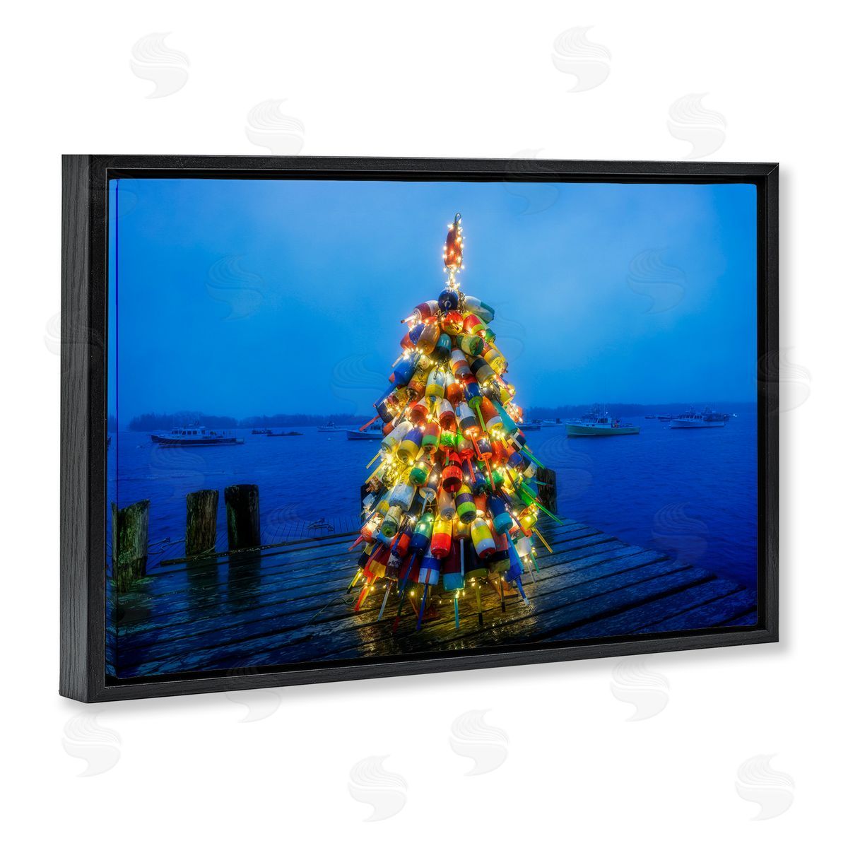 Lit Bouys Christmas Tree Black Floating Frame Canvas Wall Art, Home Decor by Rick Berk