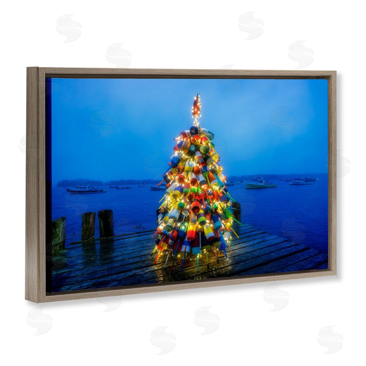 Lit Bouys Christmas Tree Brown Floating Frame Canvas Wall Art, Home Decor by Rick Berk