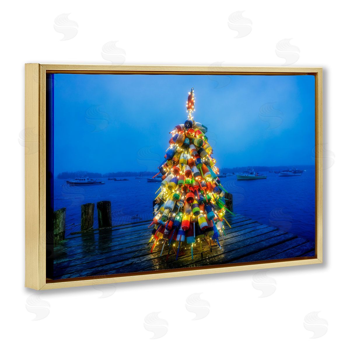 Lit Bouys Christmas Tree Gold Floating Frame Canvas Wall Art, Home Decor by Rick Berk