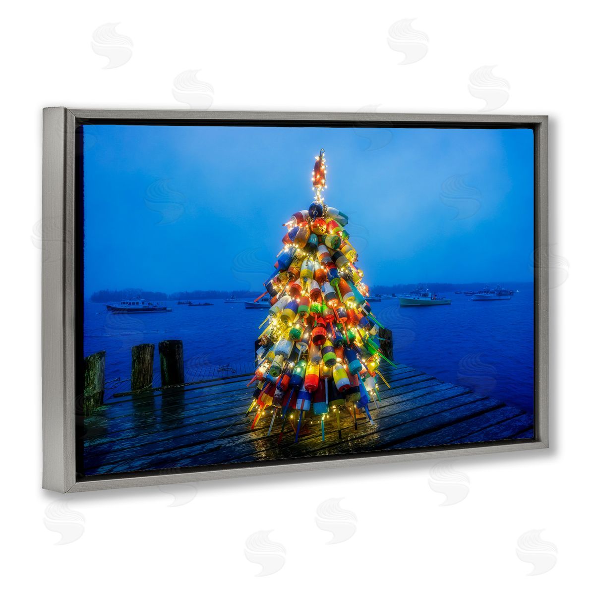Lit Bouys Christmas Tree Grey Floating Frame Canvas Wall Art, Home Decor by Rick Berk