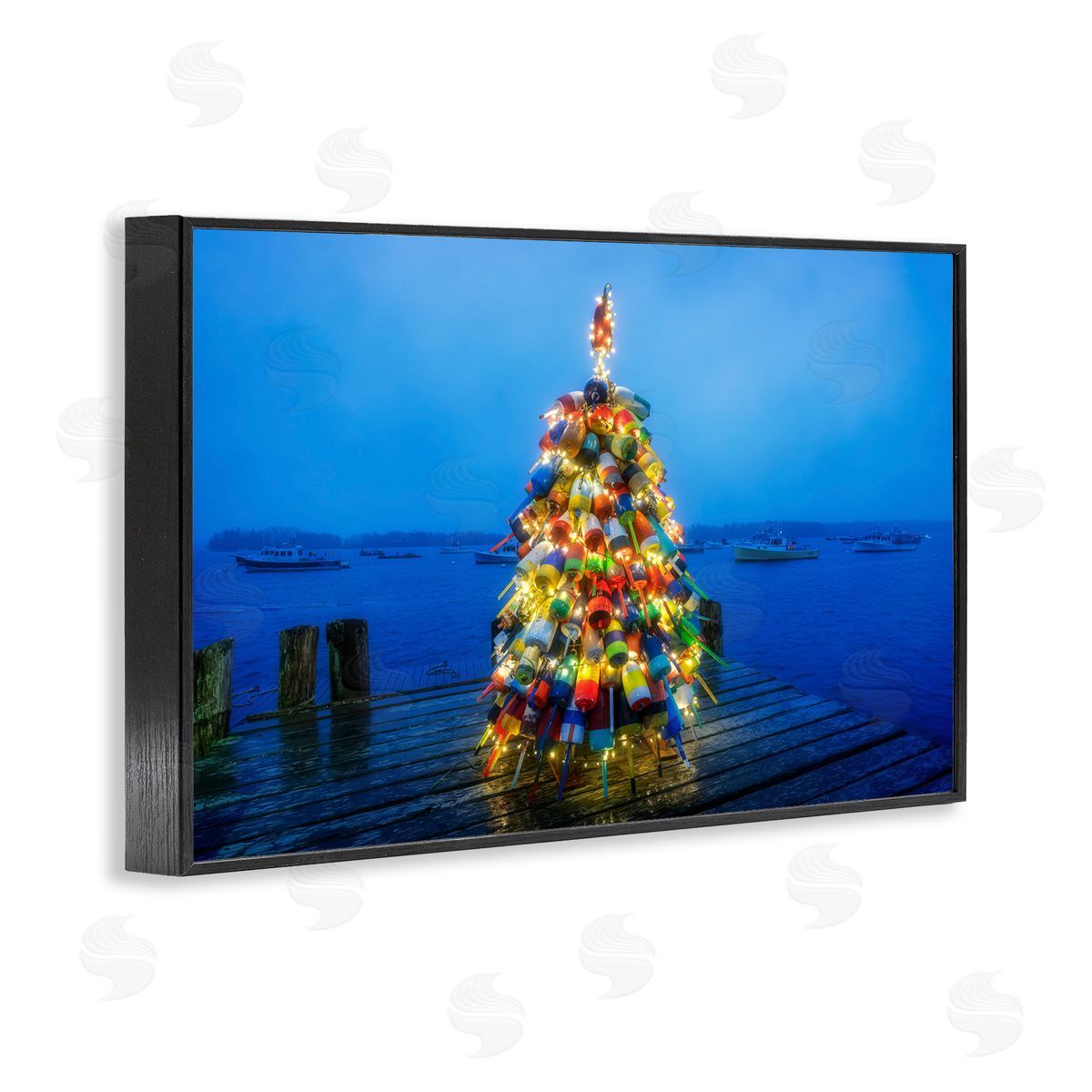Lit Bouys Christmas Tree Black Frame Print Wall Art, Home Decor by Rick Berk