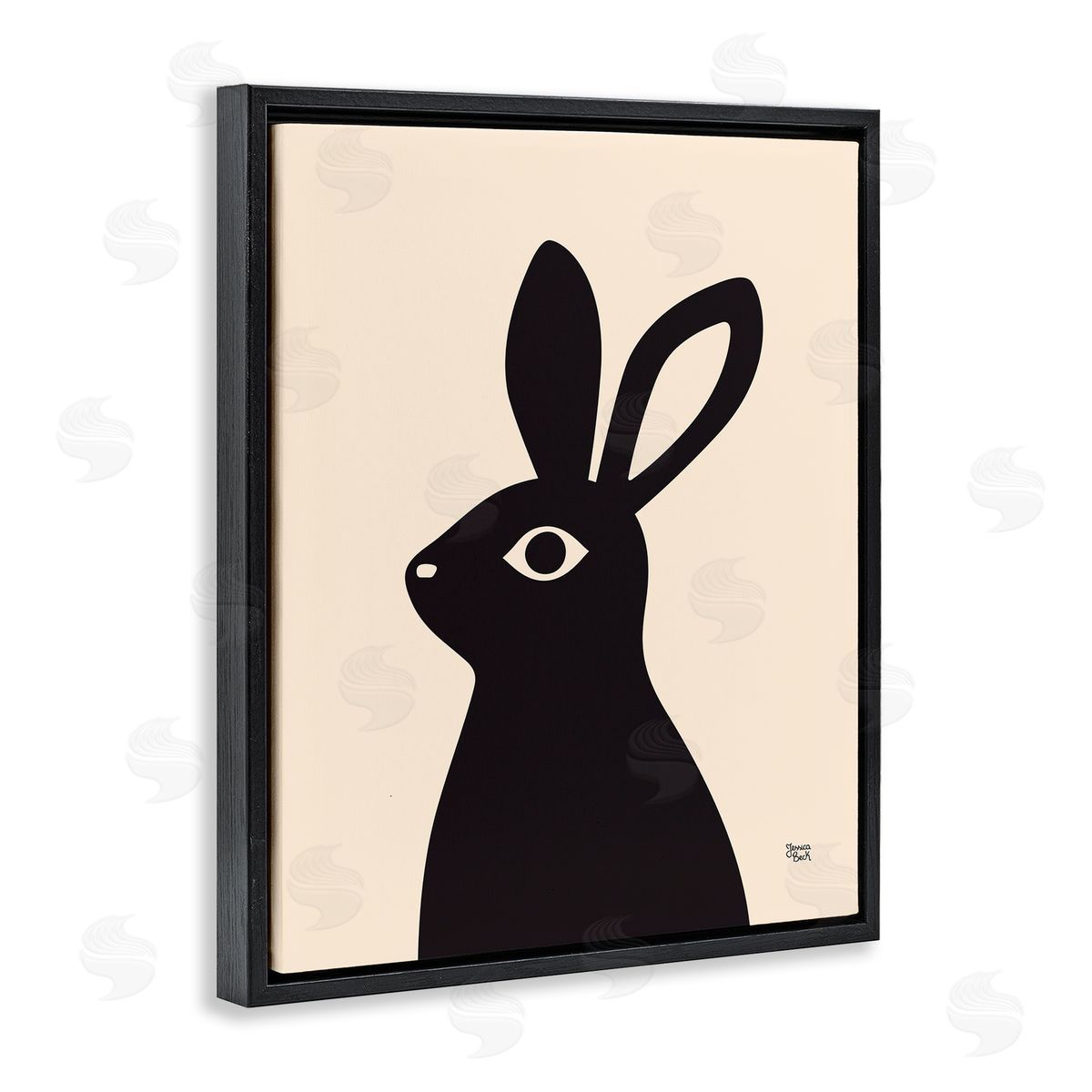 Black Bunny on Cream Black Floating Frame Canvas Wall Art, Home Decor by Jessica Beck