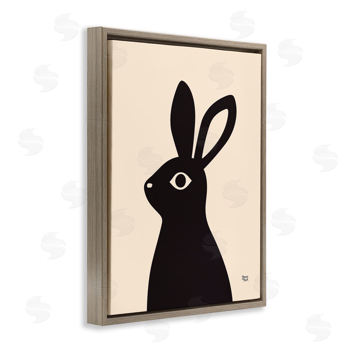 Black Bunny on Cream Brown Floating Frame Canvas Wall Art, Home Decor by Jessica Beck