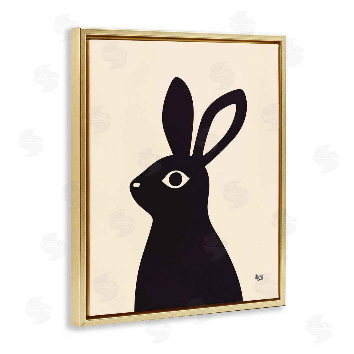 Black Bunny on Cream Gold Floating Frame Canvas Wall Art, Home Decor by Jessica Beck