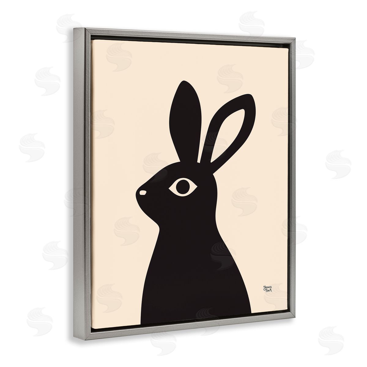 Black Bunny on Cream Grey Floating Frame Canvas Wall Art, Home Decor by Jessica Beck