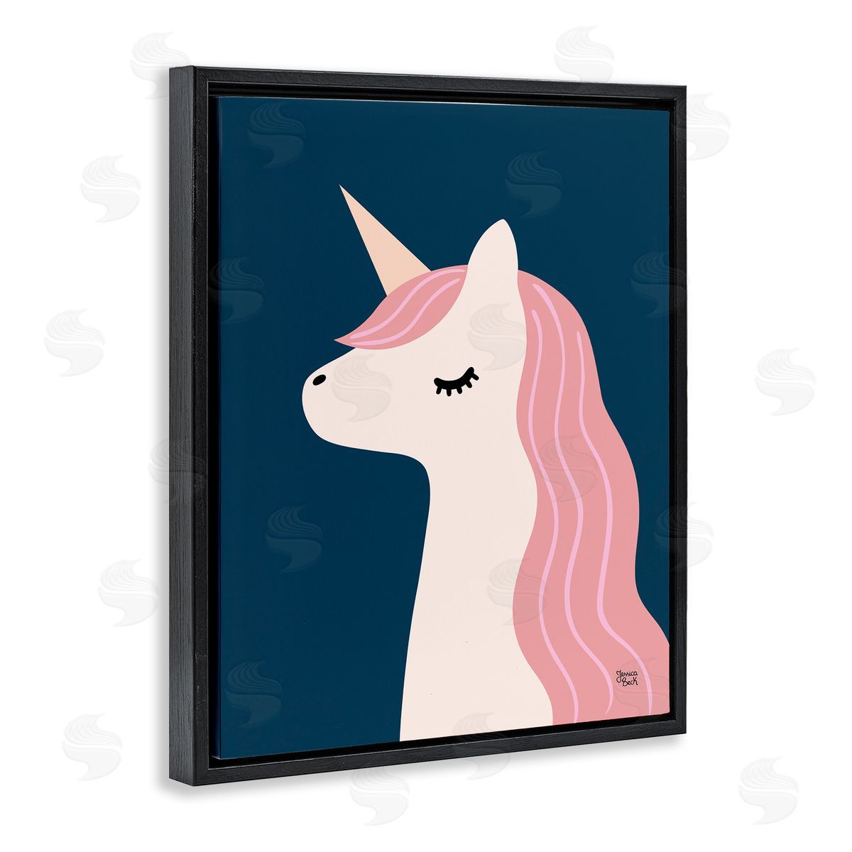 Relaxed Unicorn on Blue Black Floating Frame Canvas Wall Art, Home Decor by Jessica Beck