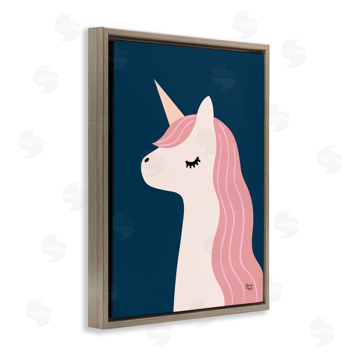 Relaxed Unicorn on Blue Brown Floating Frame Canvas Wall Art, Home Decor by Jessica Beck