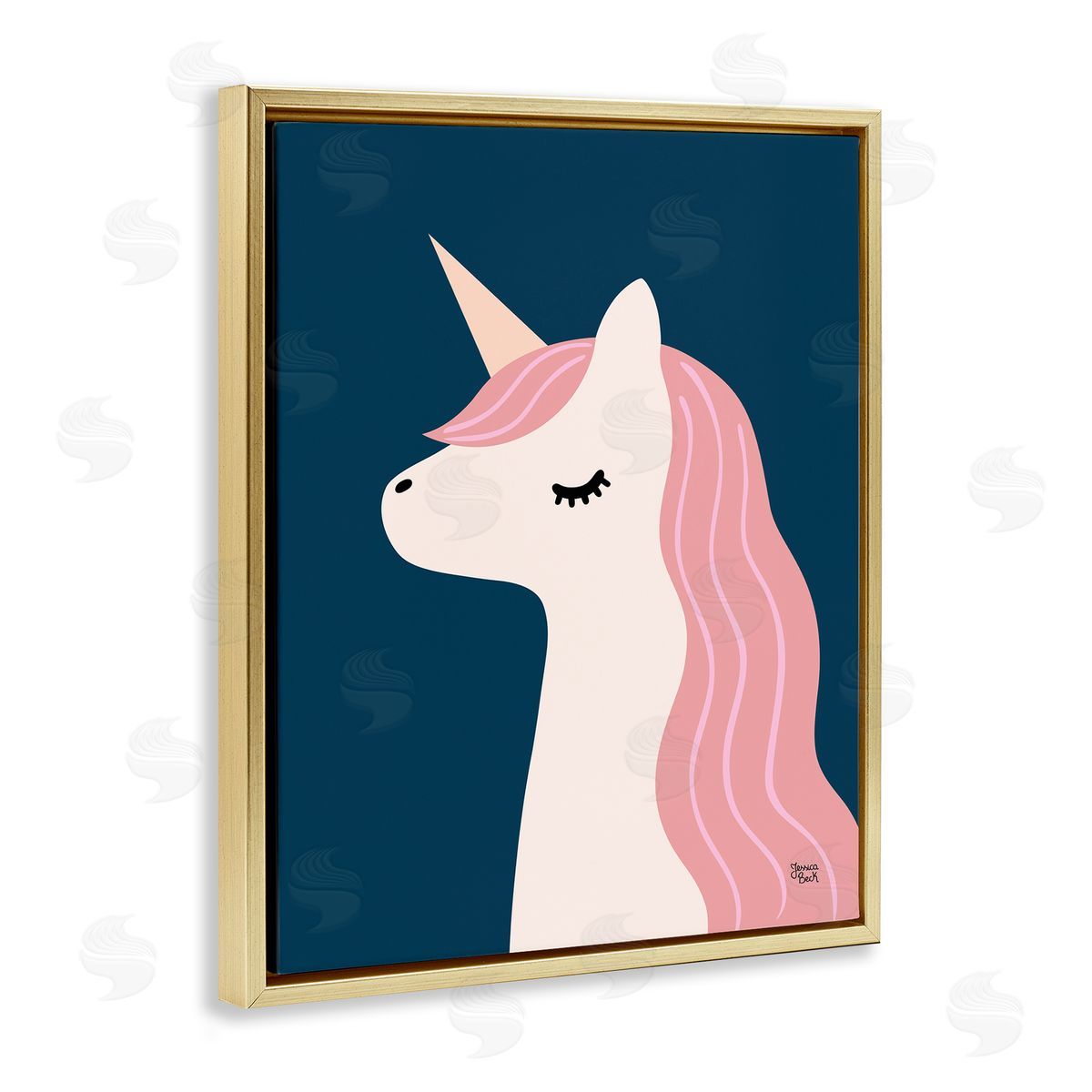 Relaxed Unicorn on Blue Gold Floating Frame Canvas Wall Art, Home Decor by Jessica Beck