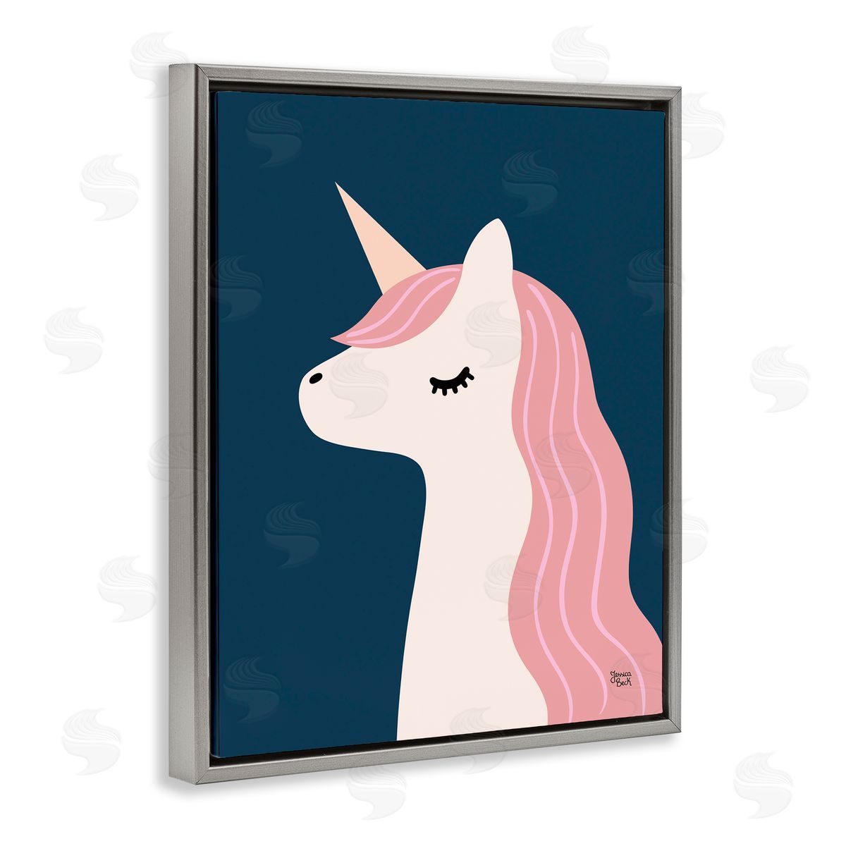 Relaxed Unicorn on Blue Grey Floating Frame Canvas Wall Art, Home Decor by Jessica Beck