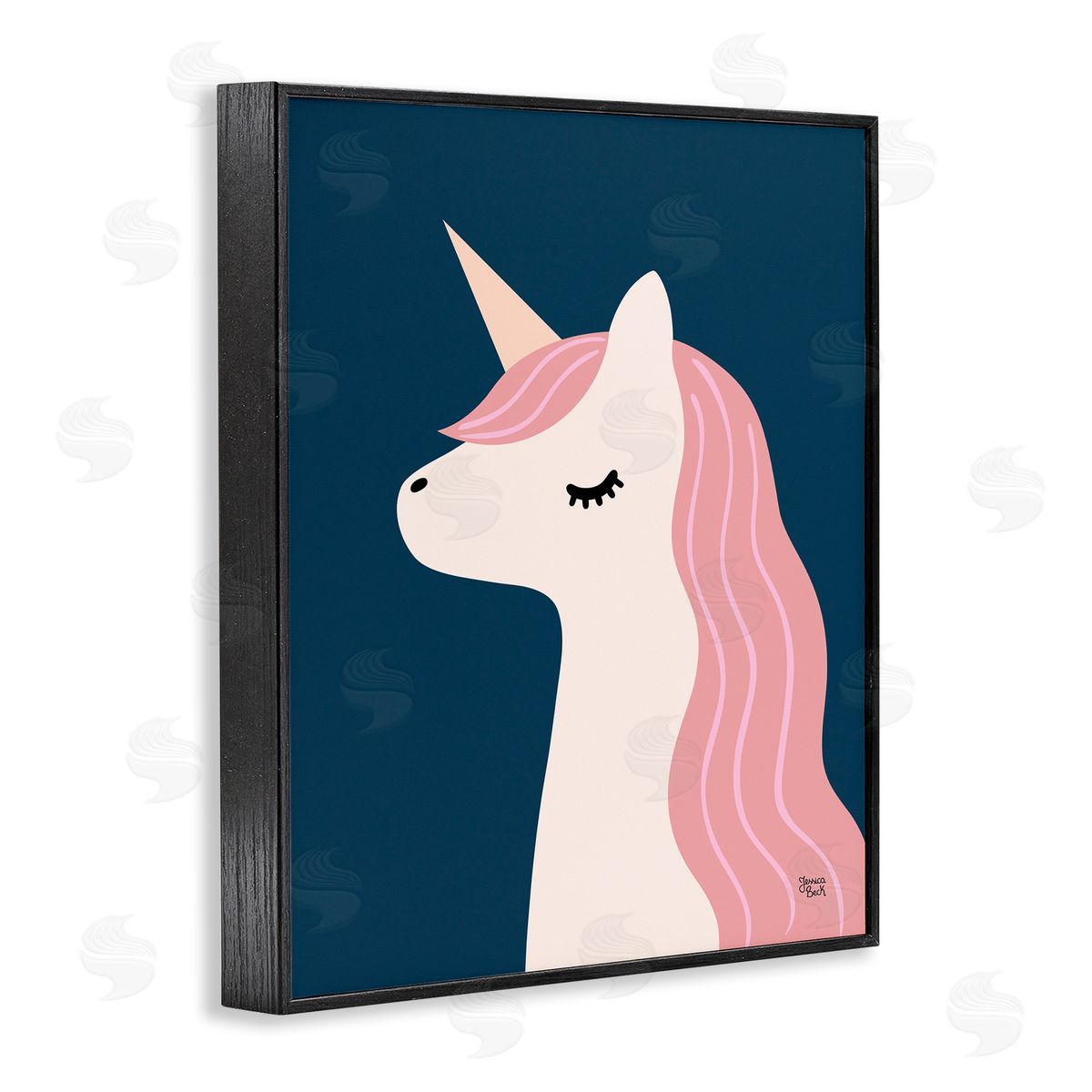 Relaxed Unicorn on Blue Black Frame Print Wall Art, Home Decor by Jessica Beck
