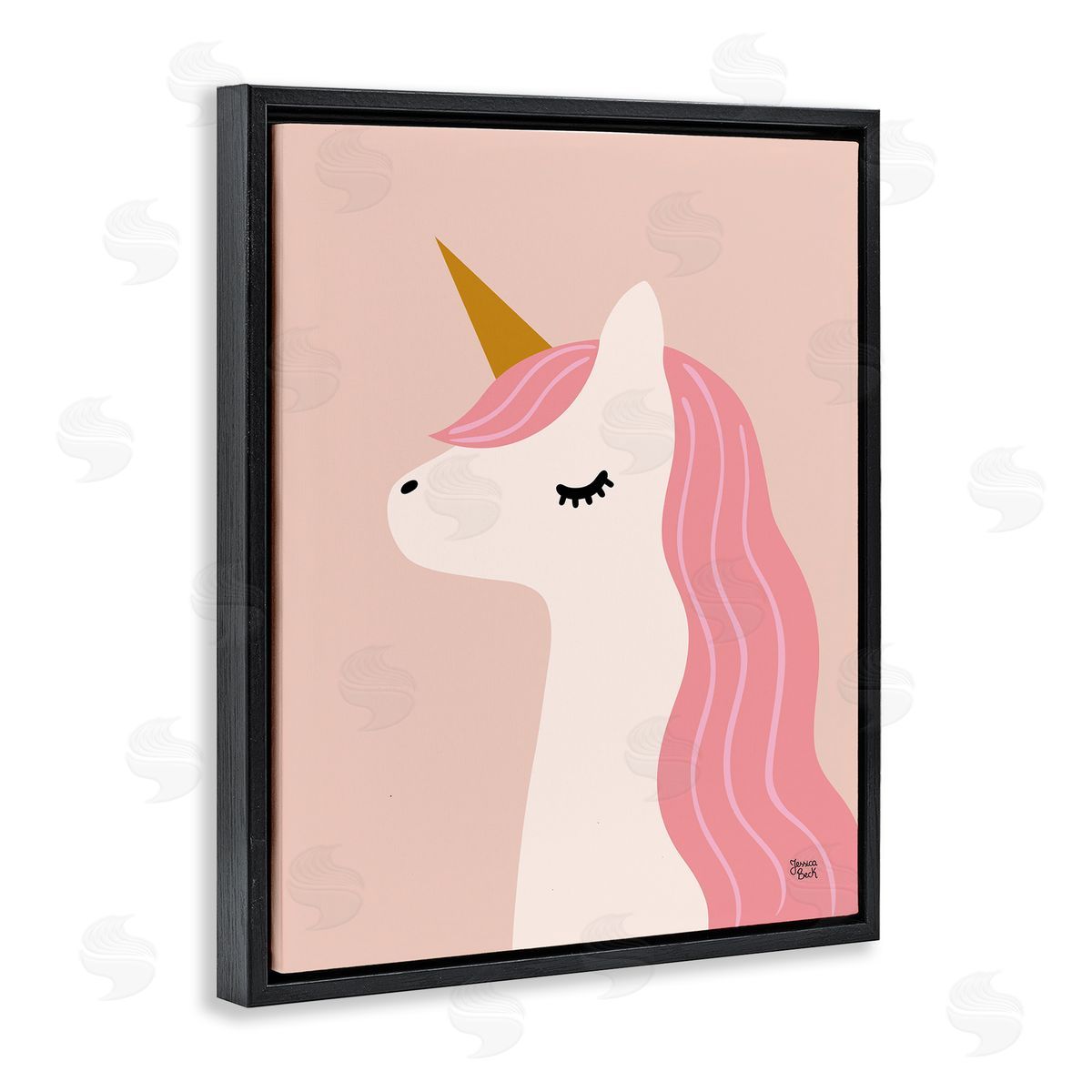 Peach Pastel Unicorn Black Floating Frame Canvas Wall Art, Home Decor by Jessica Beck