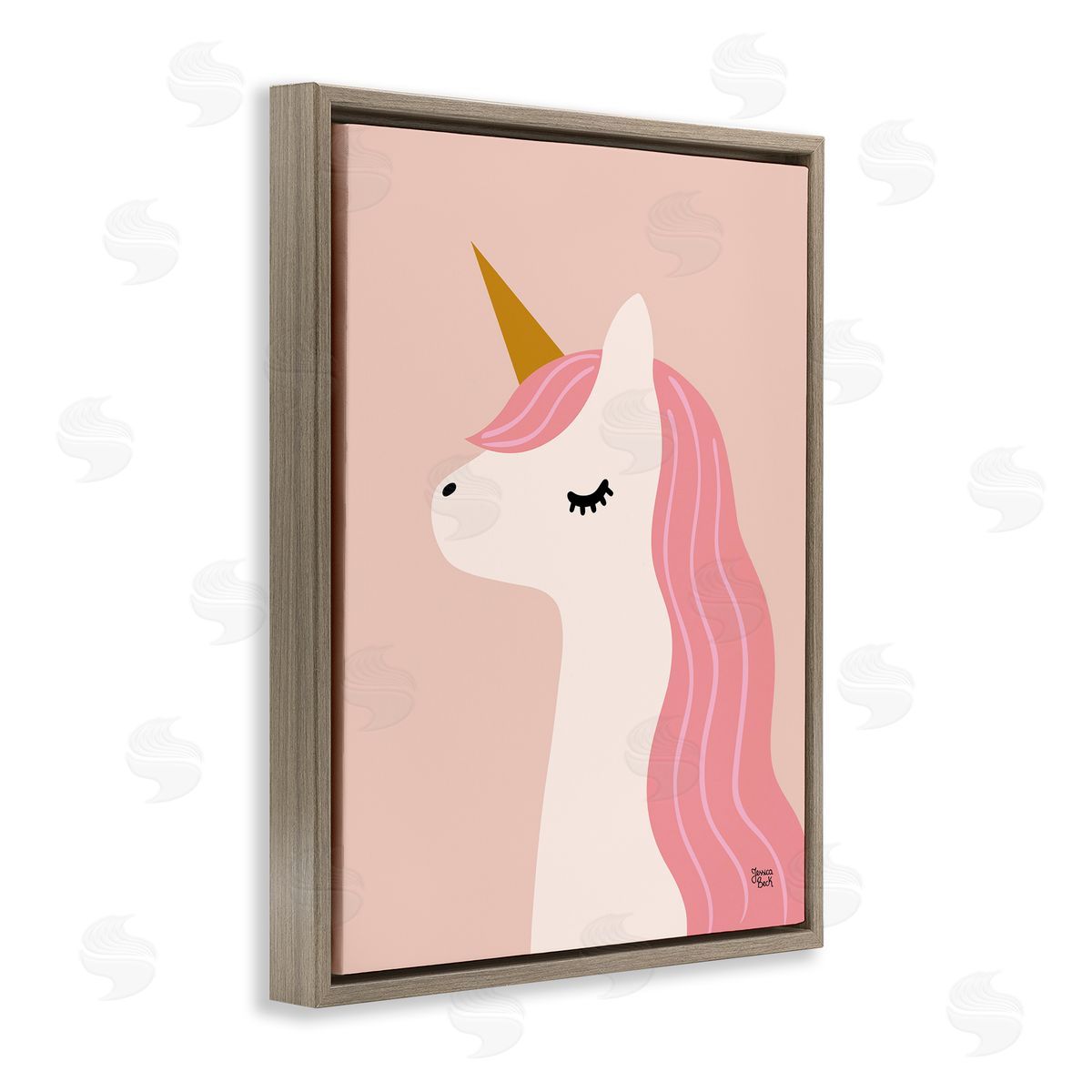 Peach Pastel Unicorn Brown Floating Frame Canvas Wall Art, Home Decor by Jessica Beck