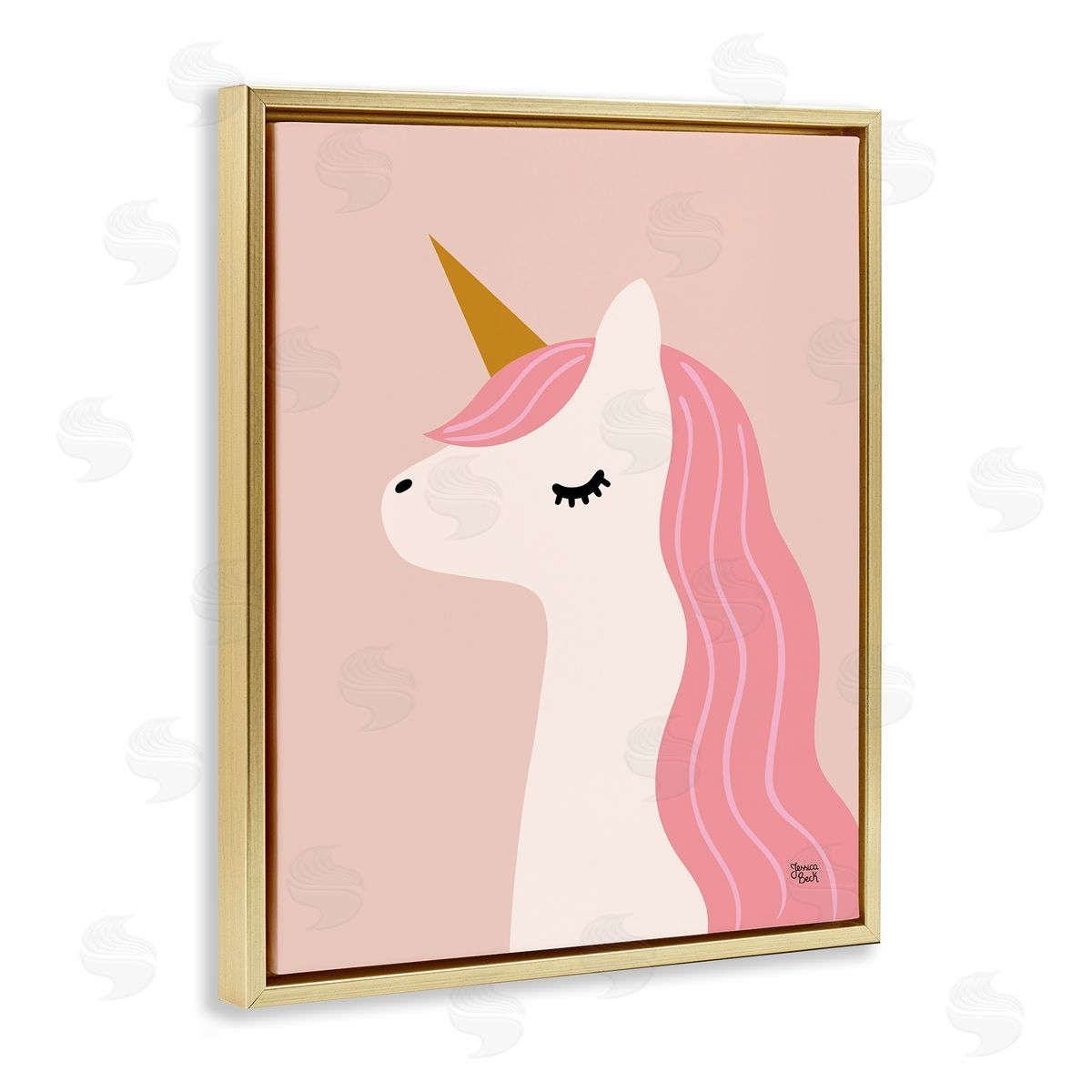 Peach Pastel Unicorn Gold Floating Frame Canvas Wall Art, Home Decor by Jessica Beck