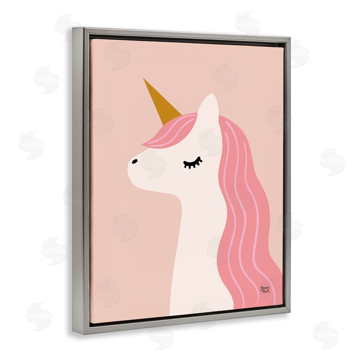 Peach Pastel Unicorn Grey Floating Frame Canvas Wall Art, Home Decor by Jessica Beck