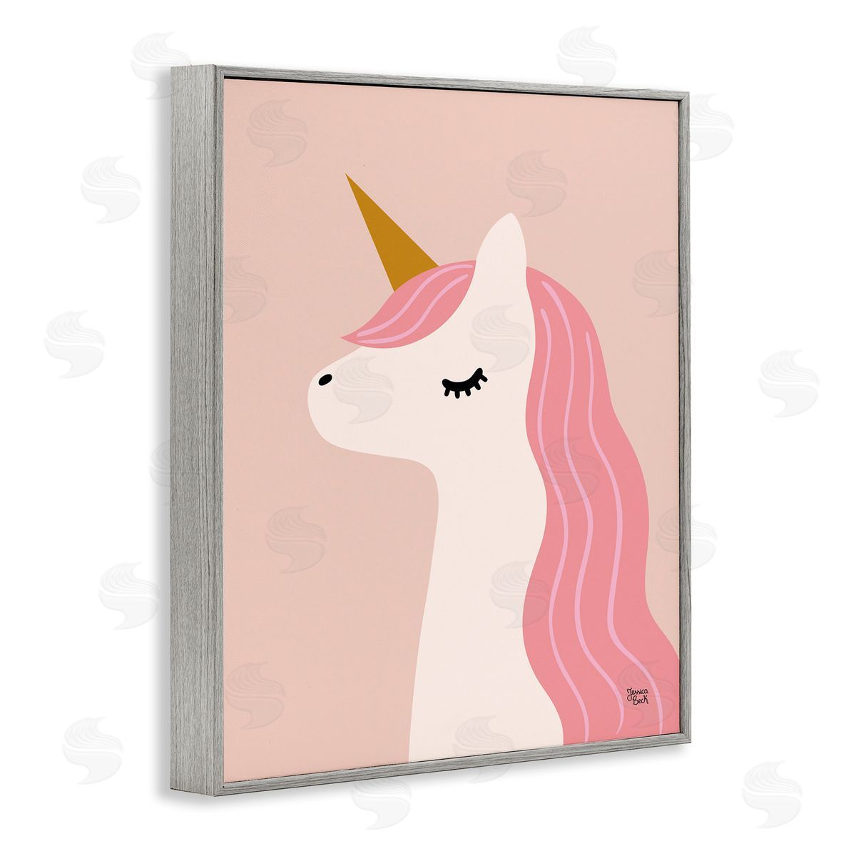 Peach Pastel Unicorn Grey Frame Print Wall Art, Home Decor by Jessica Beck