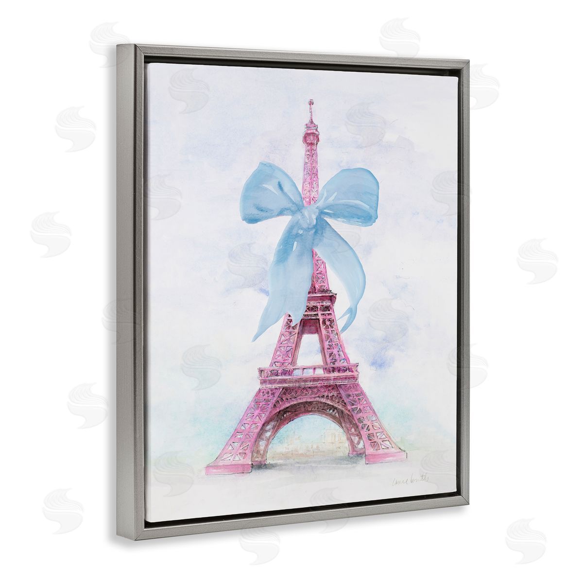 Pretty Bow Eiffel Tower Grey Floating Frame Canvas Wall Art, Home Decor by Lanie Loreth