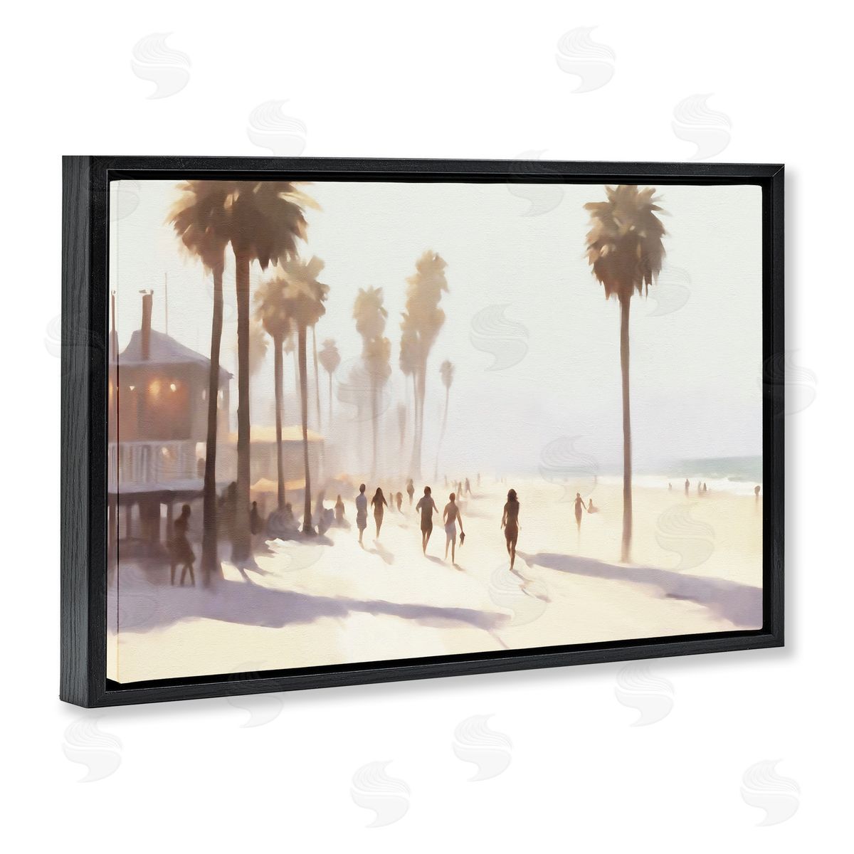 Running on Tropical Beach Black Floating Frame Canvas Wall Art, Home Decor by Noah Bay
