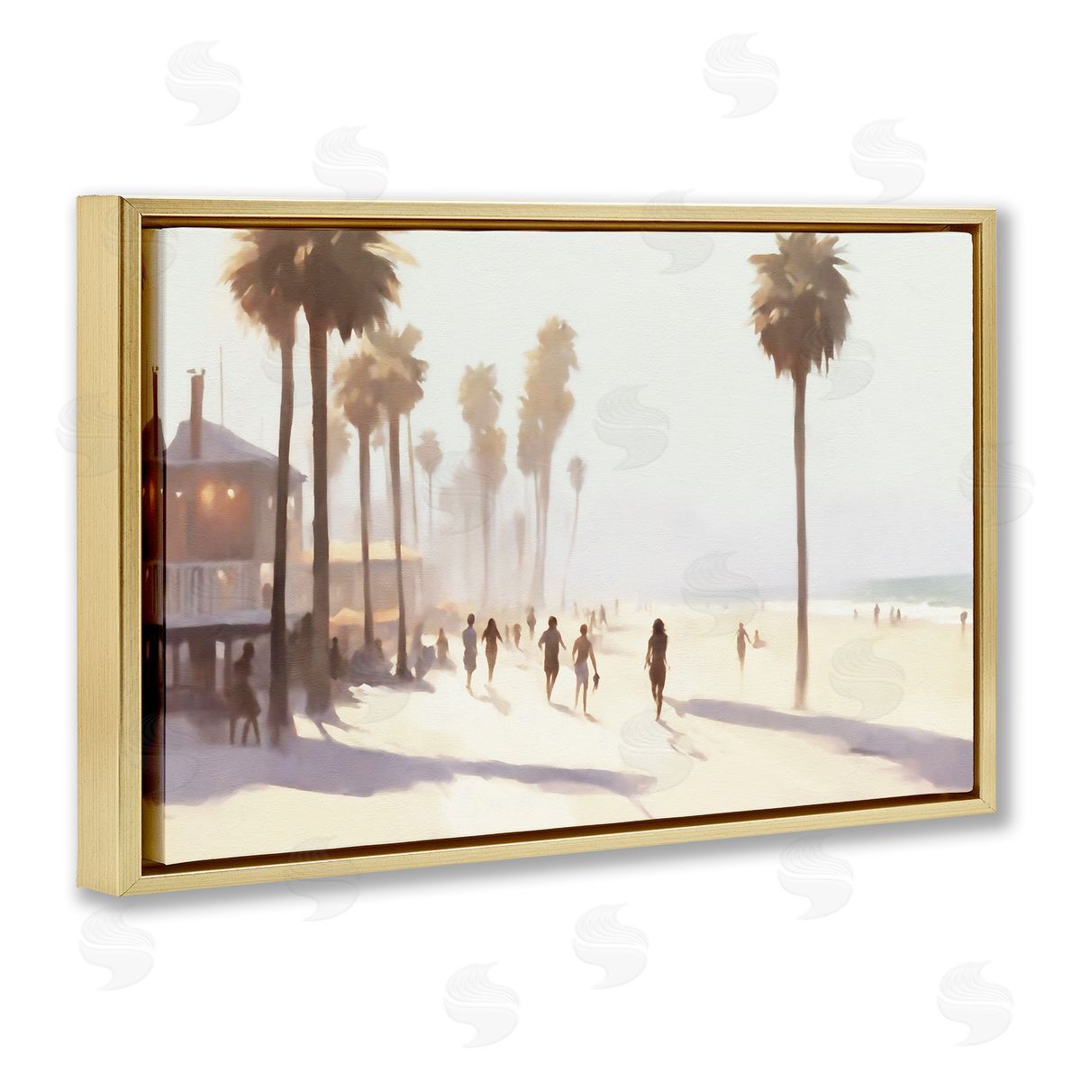 Running on Tropical Beach Gold Floating Frame Canvas Wall Art, Home Decor by Noah Bay