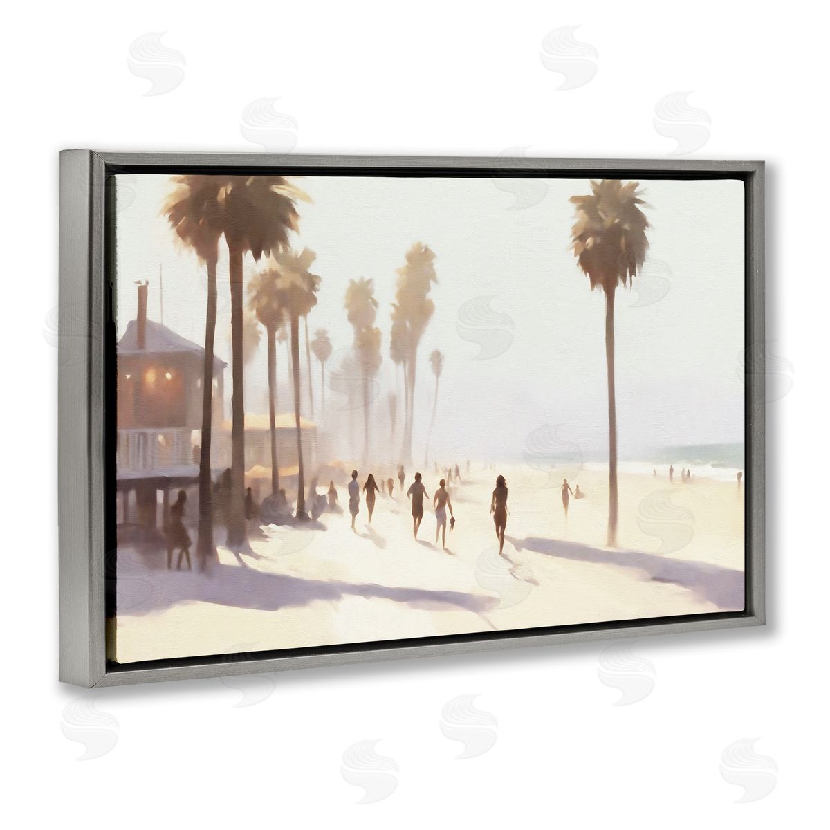 Running on Tropical Beach Grey Floating Frame Canvas Wall Art, Home Decor by Noah Bay