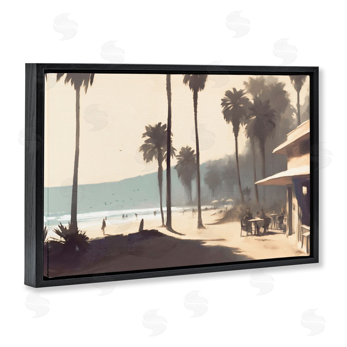 Pink Canopy Beach Scene Black Floating Frame Canvas Wall Art, Home Decor by Noah Bay