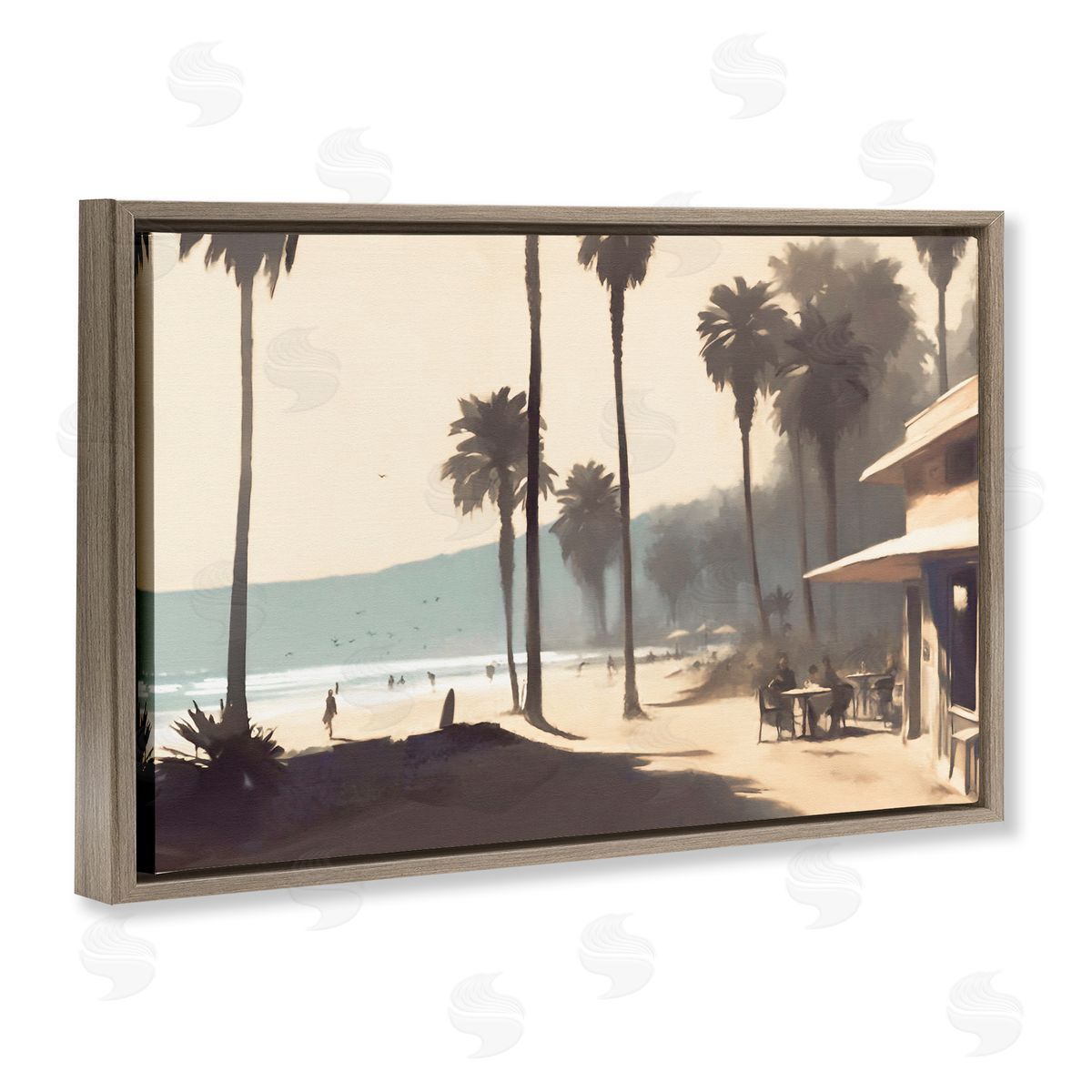Pink Canopy Beach Scene Brown Floating Frame Canvas Wall Art, Home Decor by Noah Bay