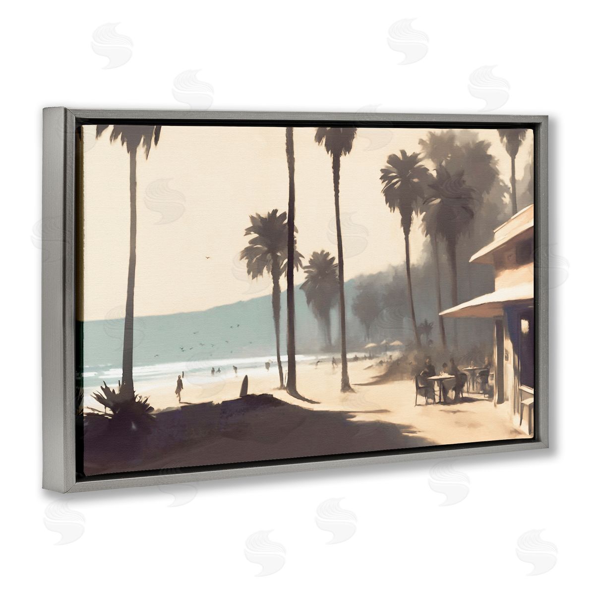 Pink Canopy Beach Scene Grey Floating Frame Canvas Wall Art, Home Decor by Noah Bay