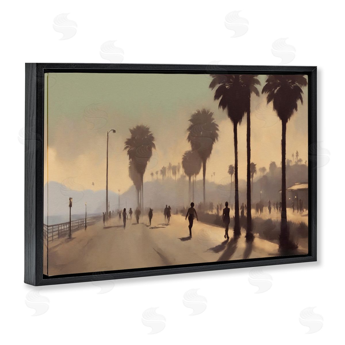Sunset Skater on Boardwalk Black Floating Frame Canvas Wall Art, Home Decor by Noah Bay