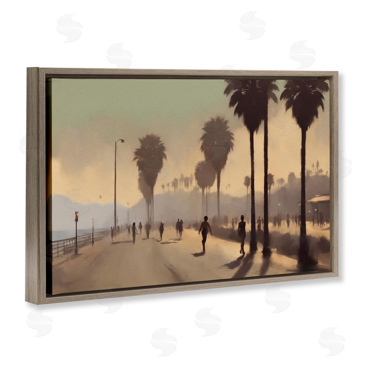 Sunset Skater on Boardwalk Brown Floating Frame Canvas Wall Art, Home Decor by Noah Bay