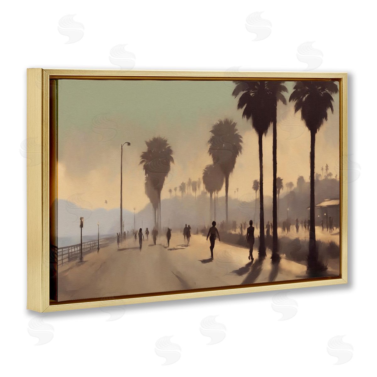 Sunset Skater on Boardwalk Gold Floating Frame Canvas Wall Art, Home Decor by Noah Bay