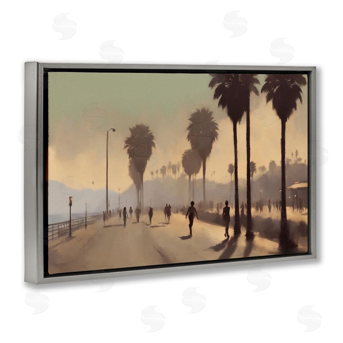 Sunset Skater on Boardwalk Grey Floating Frame Canvas Wall Art, Home Decor by Noah Bay