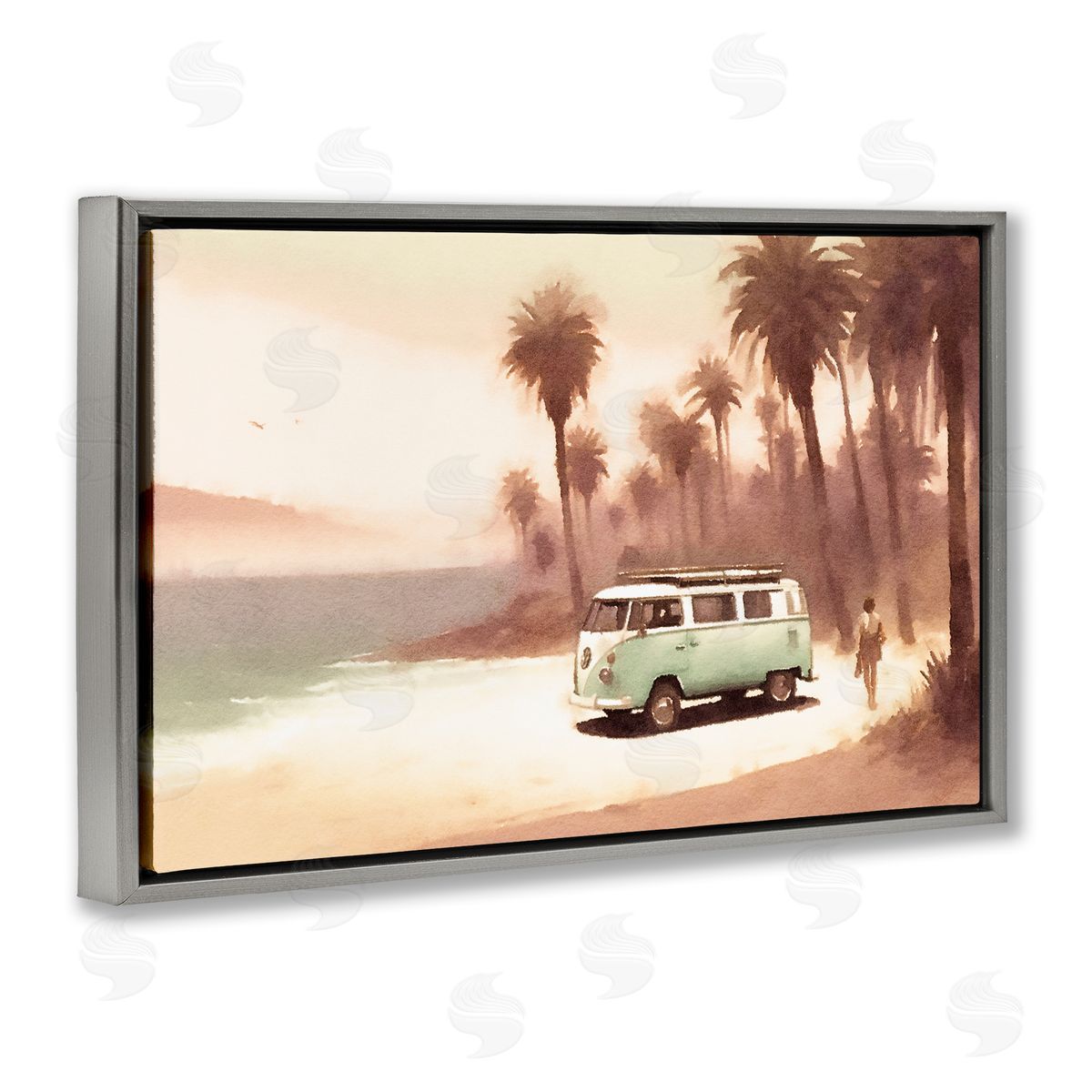 Peaceful Beach Travel Van Grey Floating Frame Canvas Wall Art, Home Decor by Noah Bay