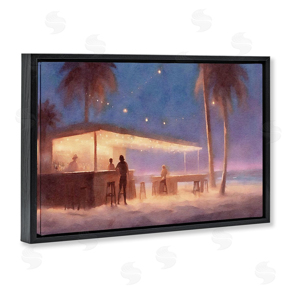 Evening Beach Bar Black Floating Frame Canvas Wall Art, Home Decor by Noah Bay