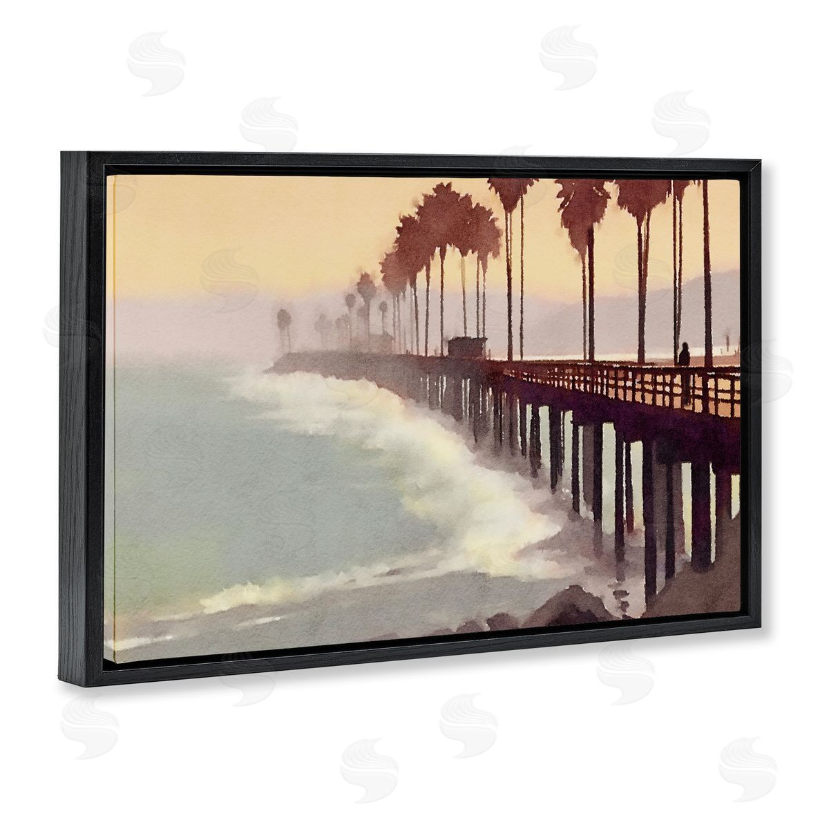 Sunrise At The Pier Black Floating Frame Canvas Wall Art, Home Decor by Noah Bay
