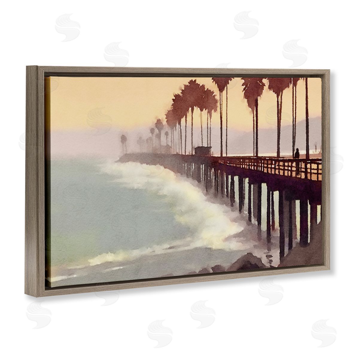 Sunrise At The Pier Brown Floating Frame Canvas Wall Art, Home Decor by Noah Bay