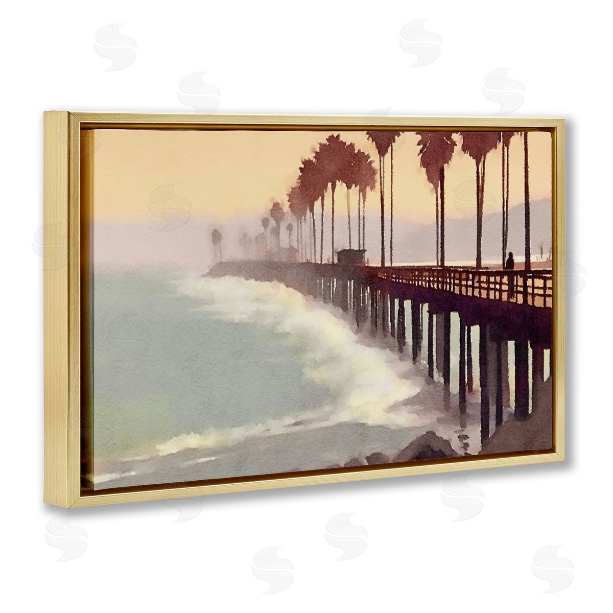 Sunrise At The Pier Gold Floating Frame Canvas Wall Art, Home Decor by Noah Bay