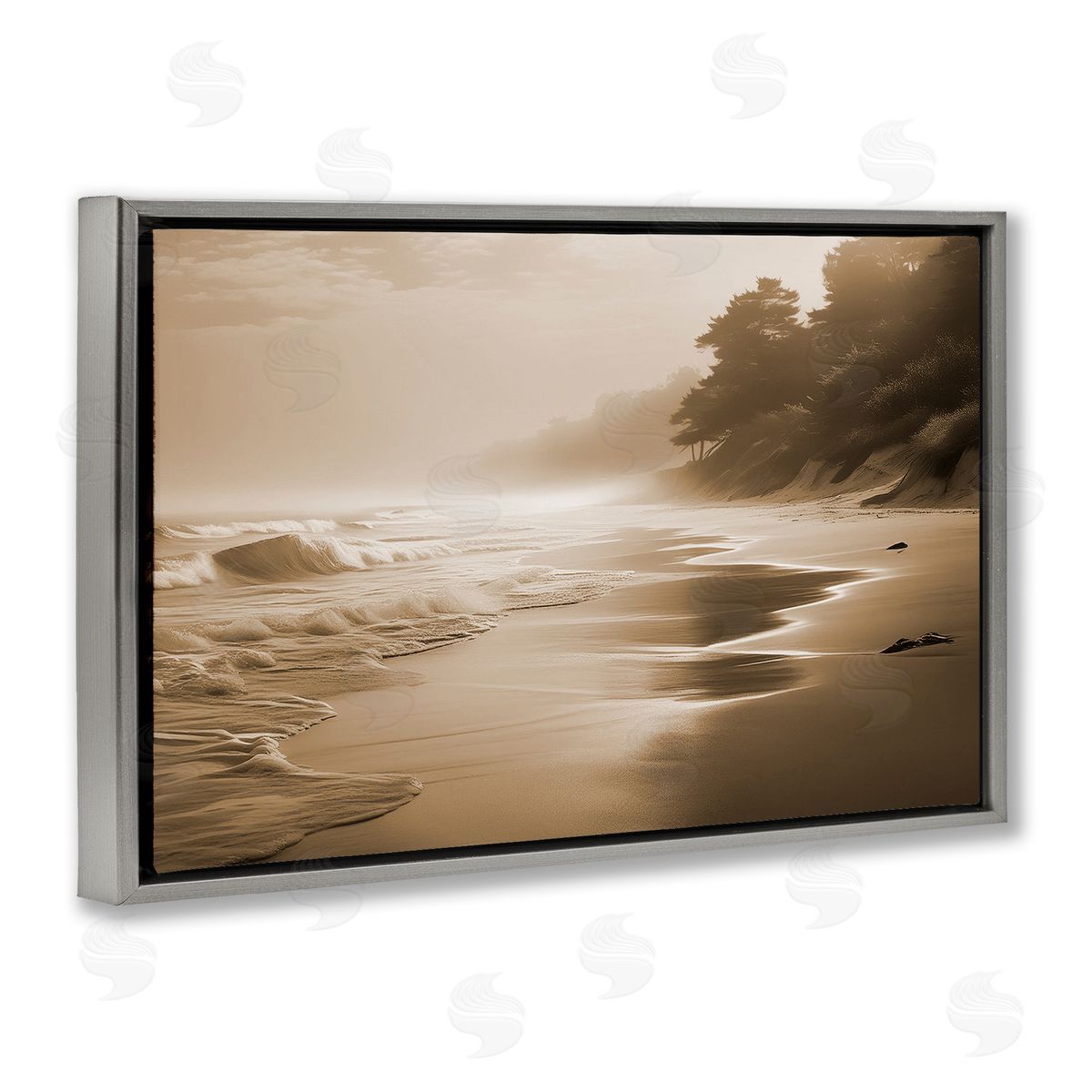 Sepia Smooth Beach Landscape Grey Floating Frame Canvas Wall Art, Home Decor by Noah Bay