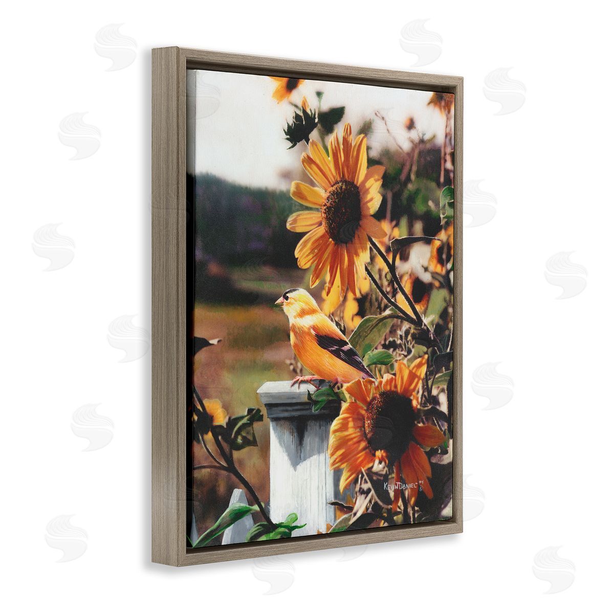 Canary Bird & Sunflowers Brown Floating Frame Canvas Wall Art, Home Decor by Kevin Daniel