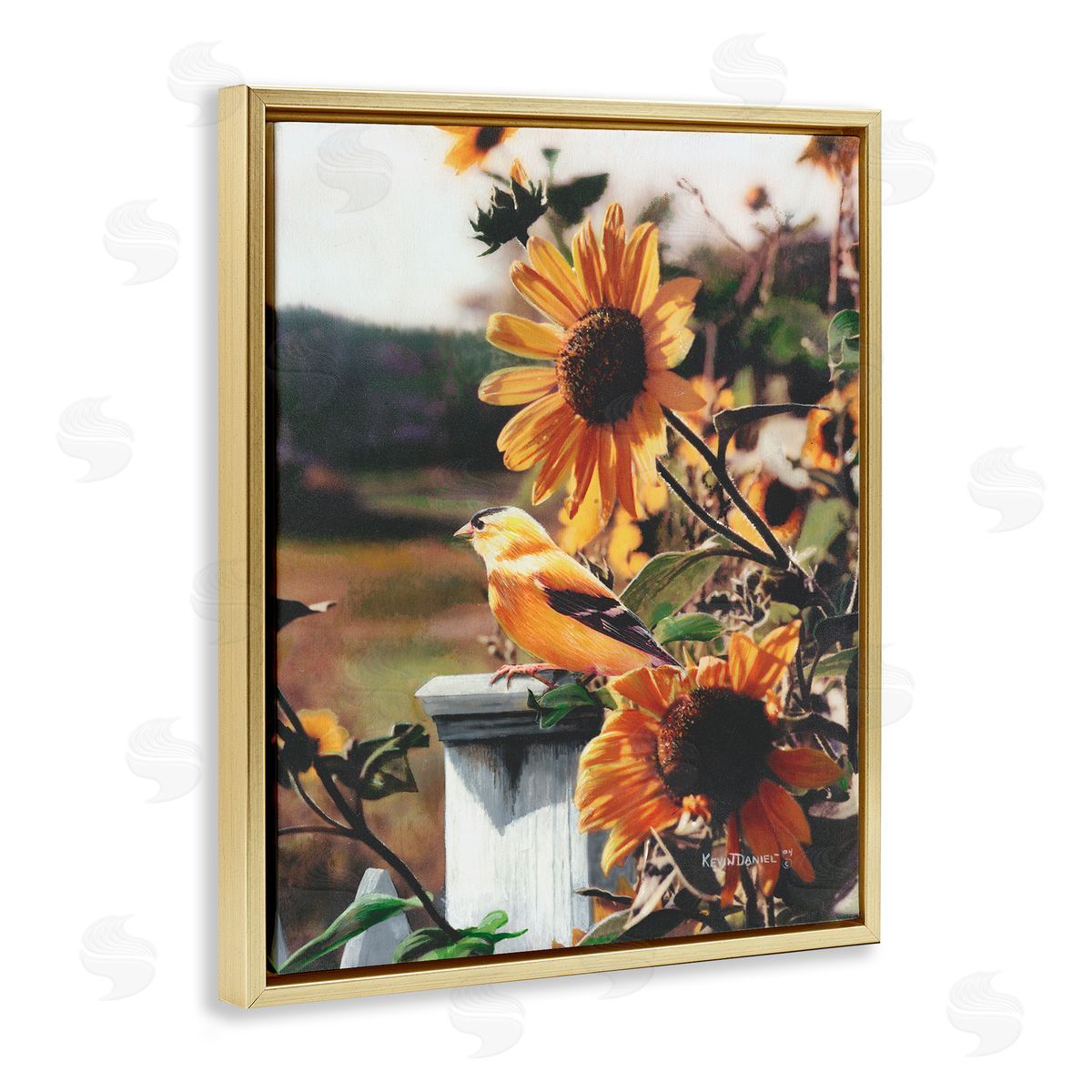 Canary Bird & Sunflowers Gold Floating Frame Canvas Wall Art, Home Decor by Kevin Daniel